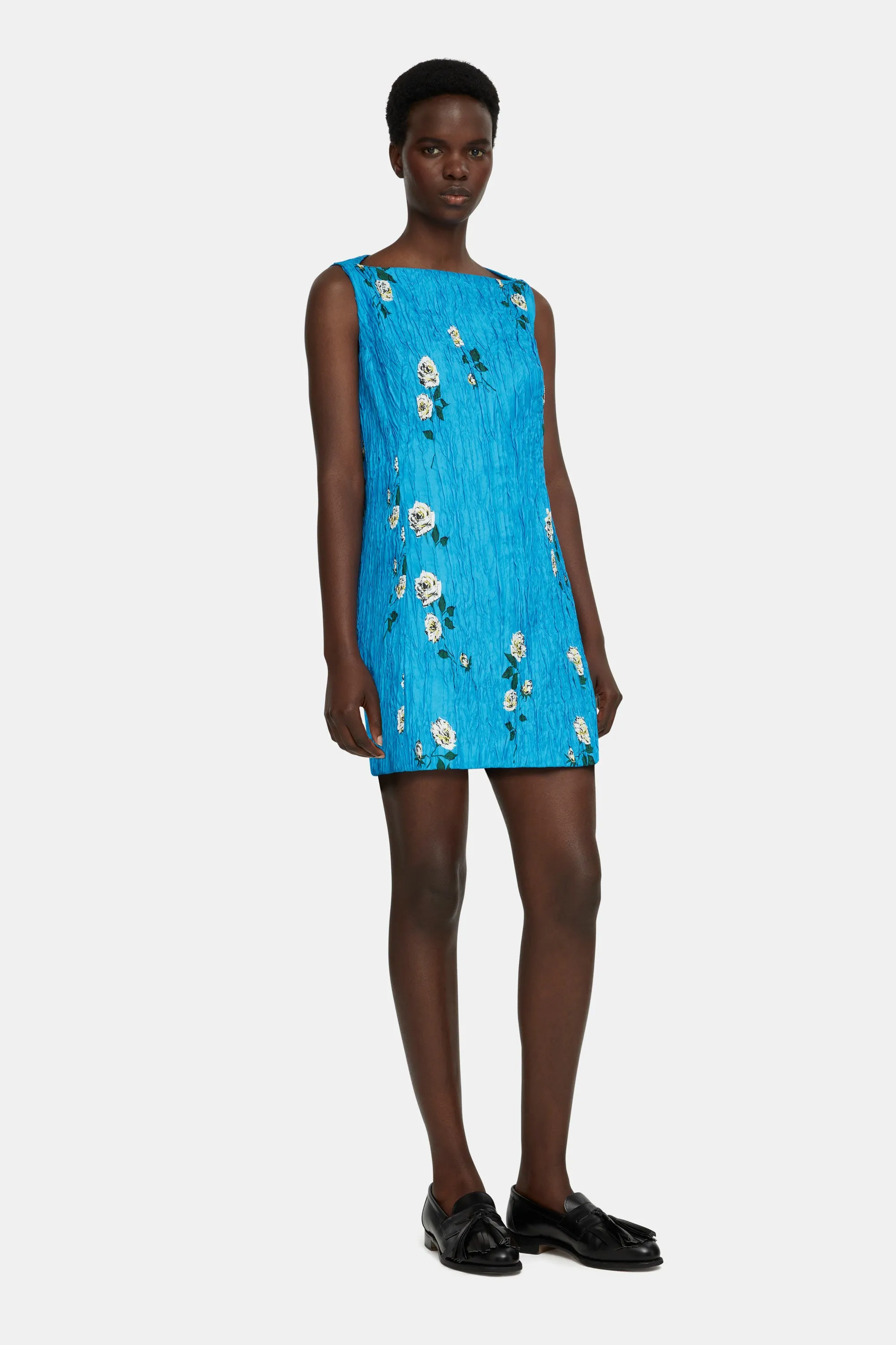Fifer Mini Dress in Electric Blue Floral Printed Twill