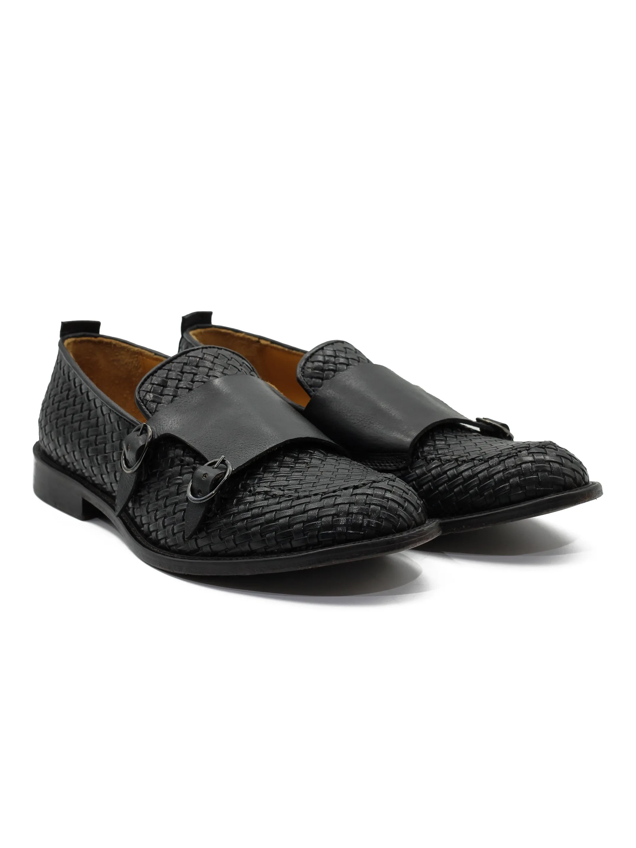 FLORENCE 2 - DOUBLE BUCKLE MONK LOAFER IN BLACK INTERWEAVE ITALIAN LEATHER