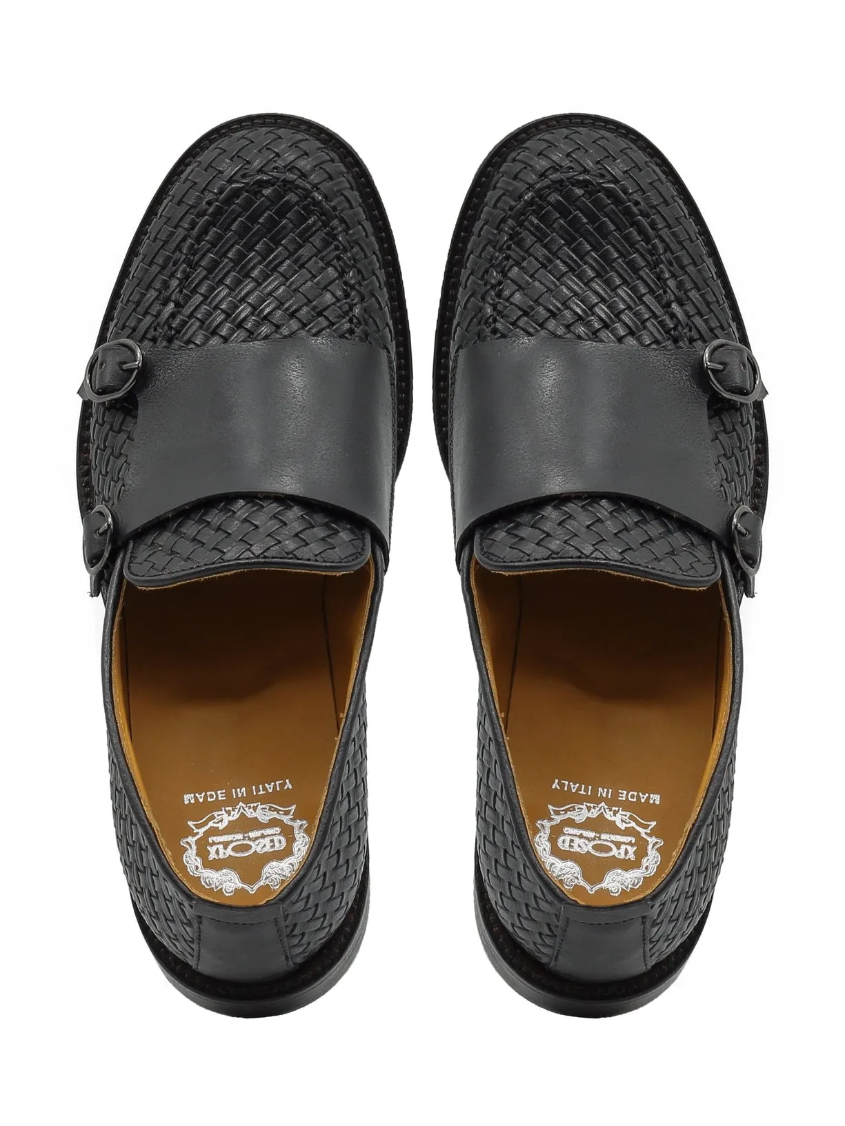 FLORENCE 2 - DOUBLE BUCKLE MONK LOAFER IN BLACK INTERWEAVE ITALIAN LEATHER