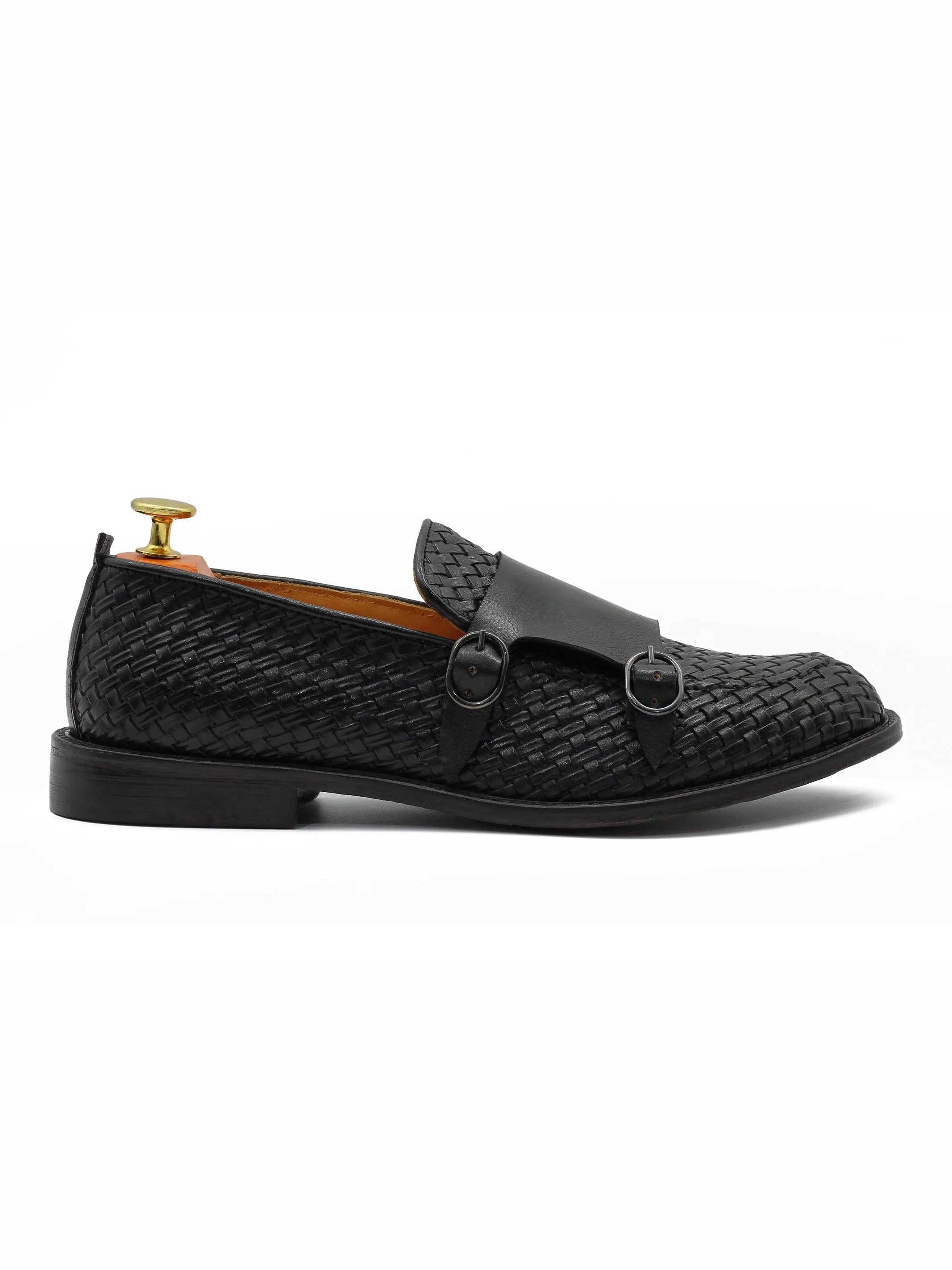 FLORENCE 2 - DOUBLE BUCKLE MONK LOAFER IN BLACK INTERWEAVE ITALIAN LEATHER
