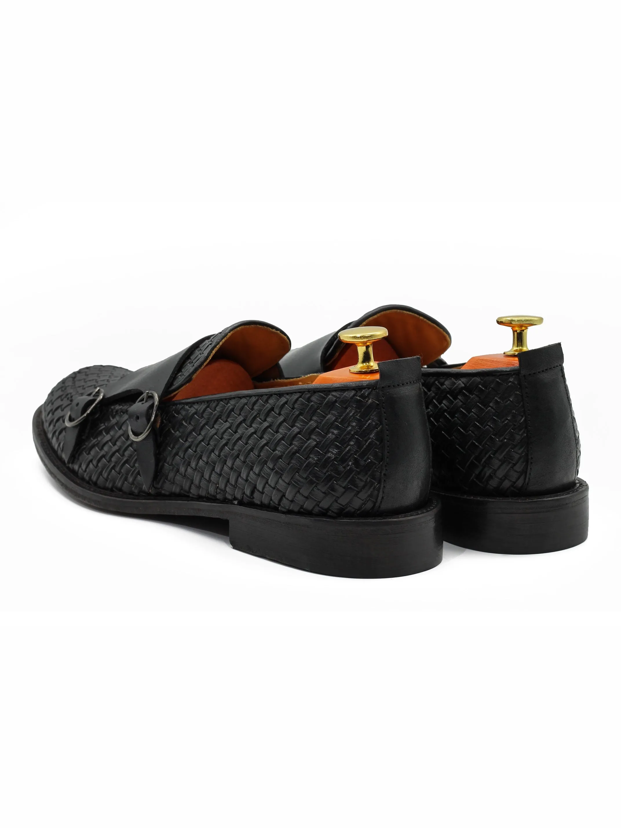 FLORENCE 2 - DOUBLE BUCKLE MONK LOAFER IN BLACK INTERWEAVE ITALIAN LEATHER