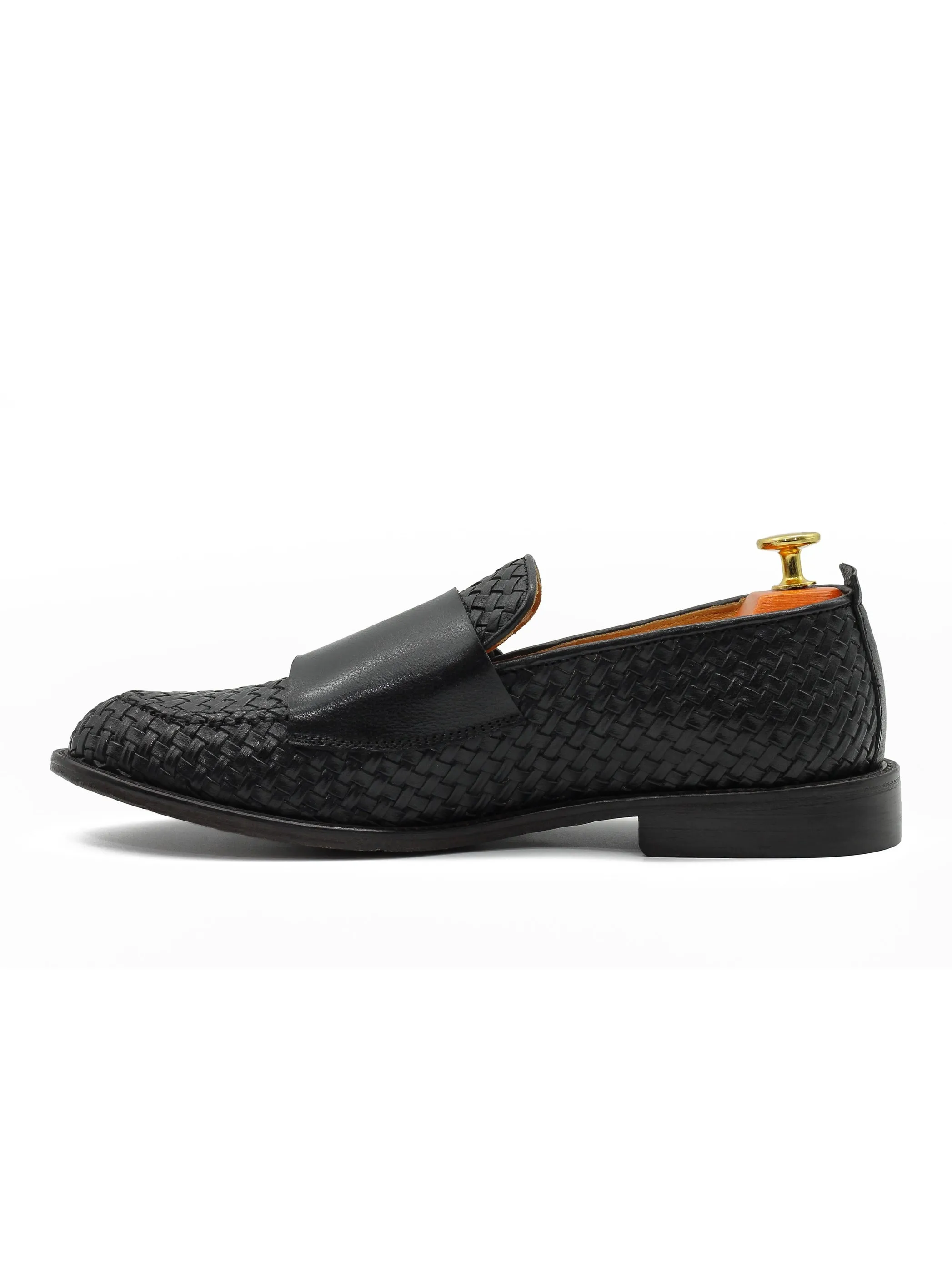 FLORENCE 2 - DOUBLE BUCKLE MONK LOAFER IN BLACK INTERWEAVE ITALIAN LEATHER