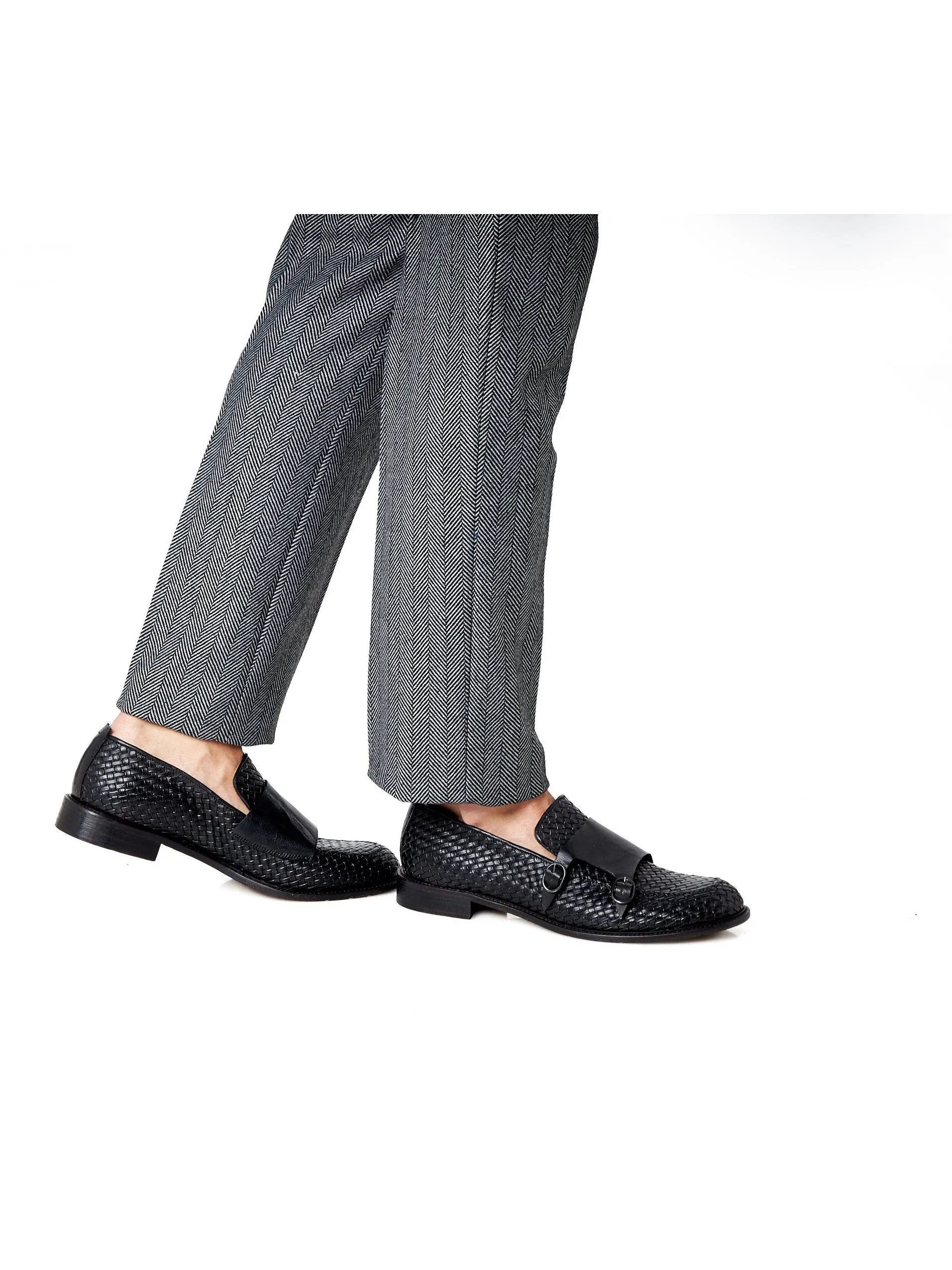 FLORENCE 2 - DOUBLE BUCKLE MONK LOAFER IN BLACK INTERWEAVE ITALIAN LEATHER