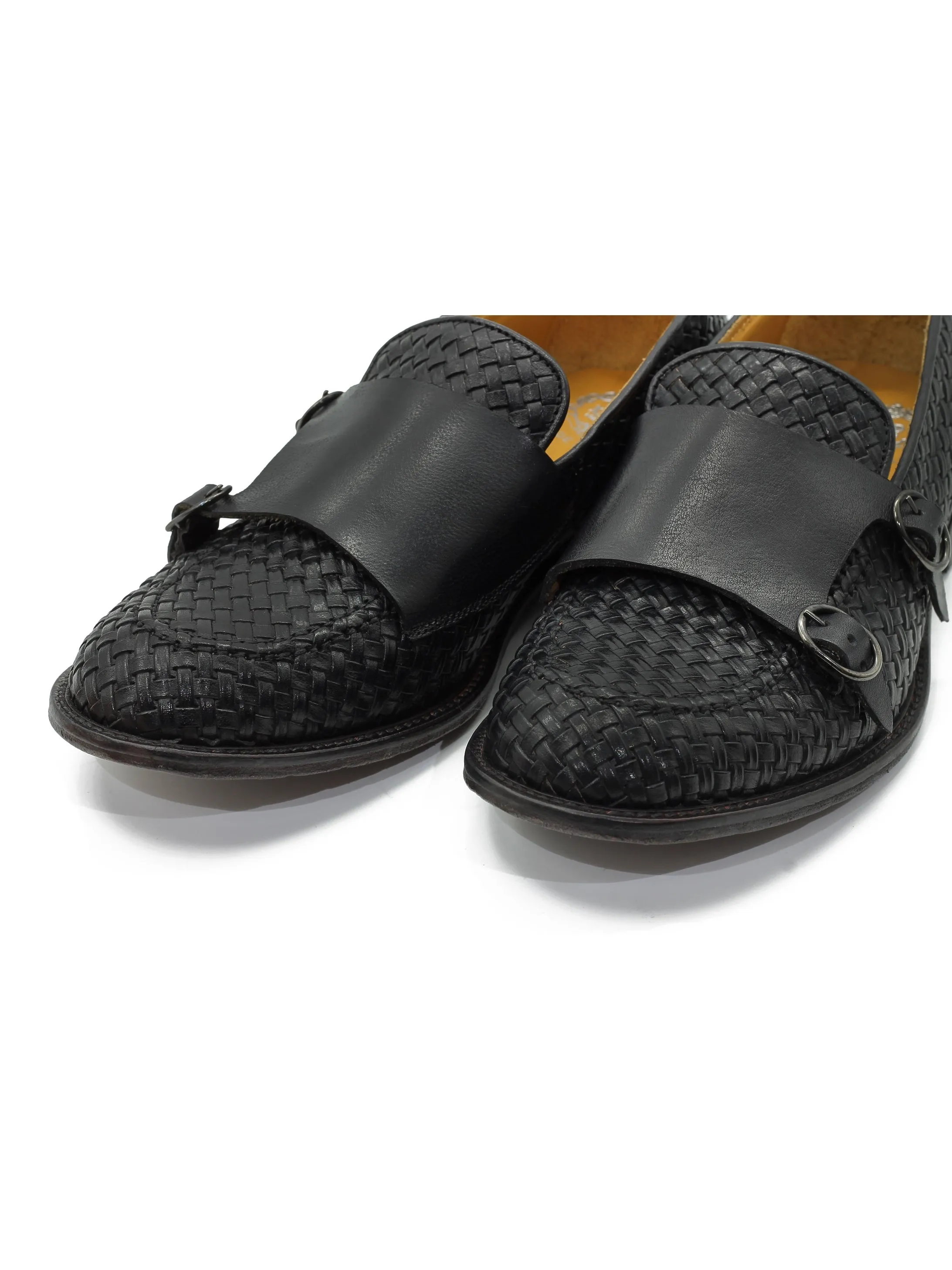 FLORENCE 2 - DOUBLE BUCKLE MONK LOAFER IN BLACK INTERWEAVE ITALIAN LEATHER