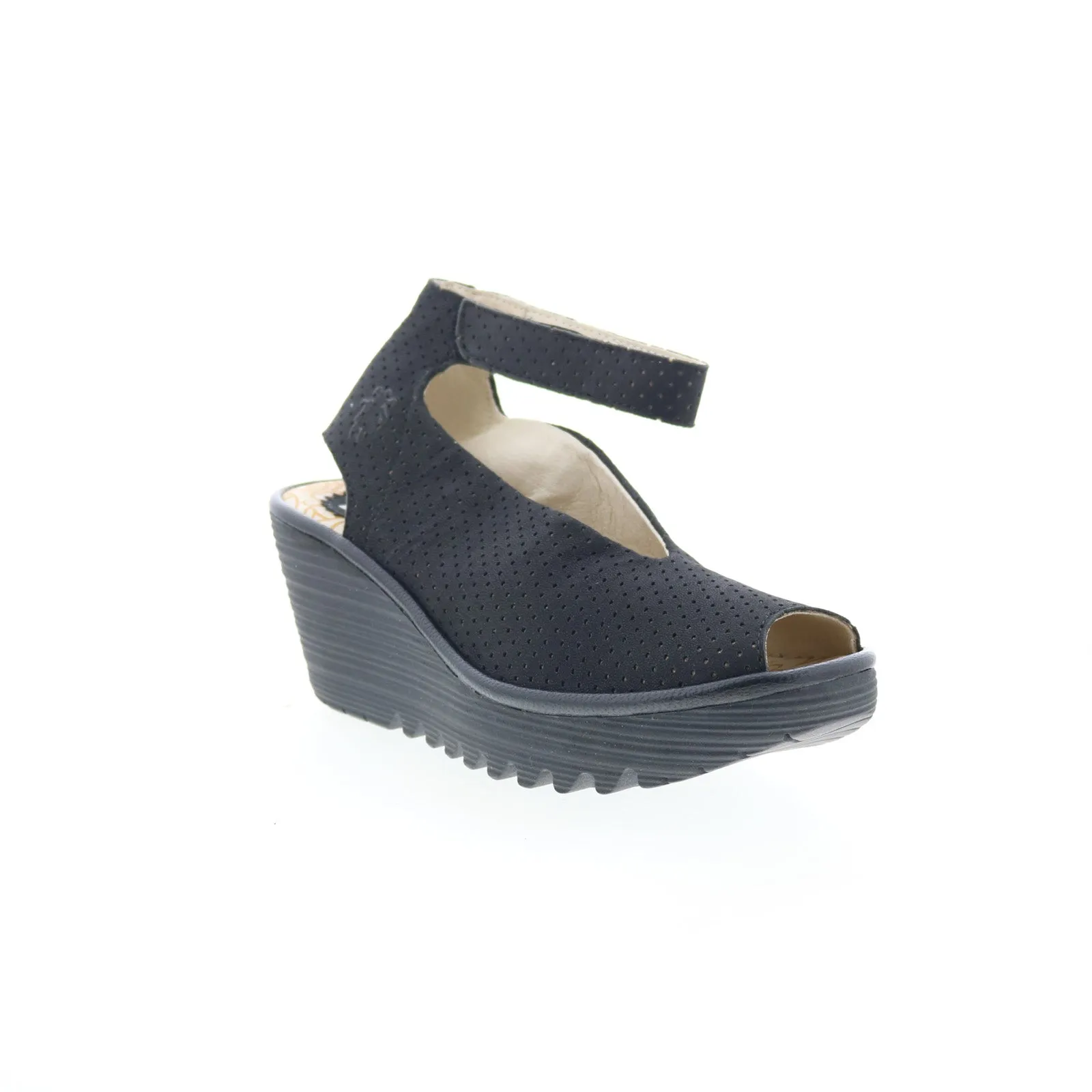 Fly London Yala Perf YALA PERF-028 Womens Black Leather Wedges Sandals Shoes