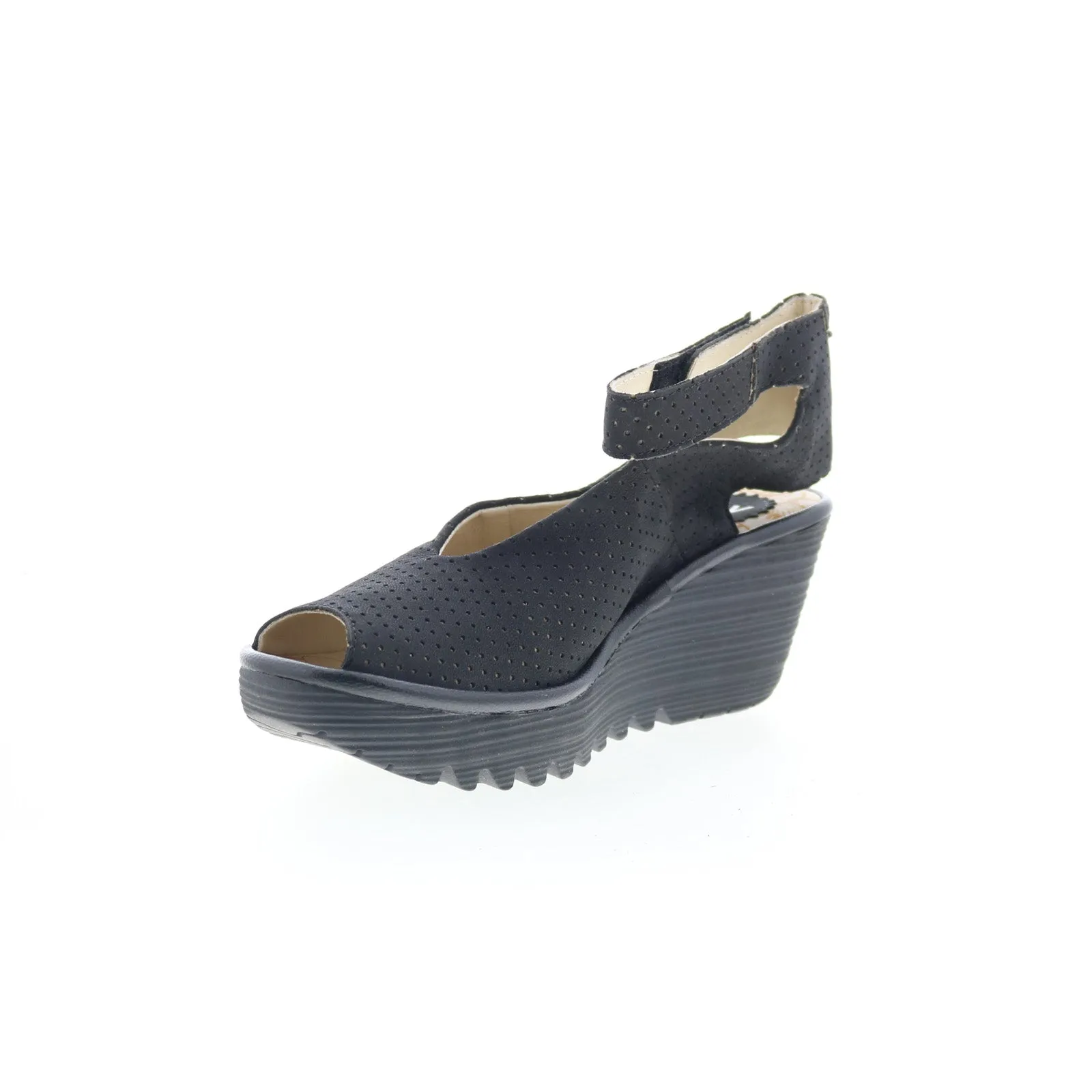 Fly London Yala Perf YALA PERF-028 Womens Black Leather Wedges Sandals Shoes