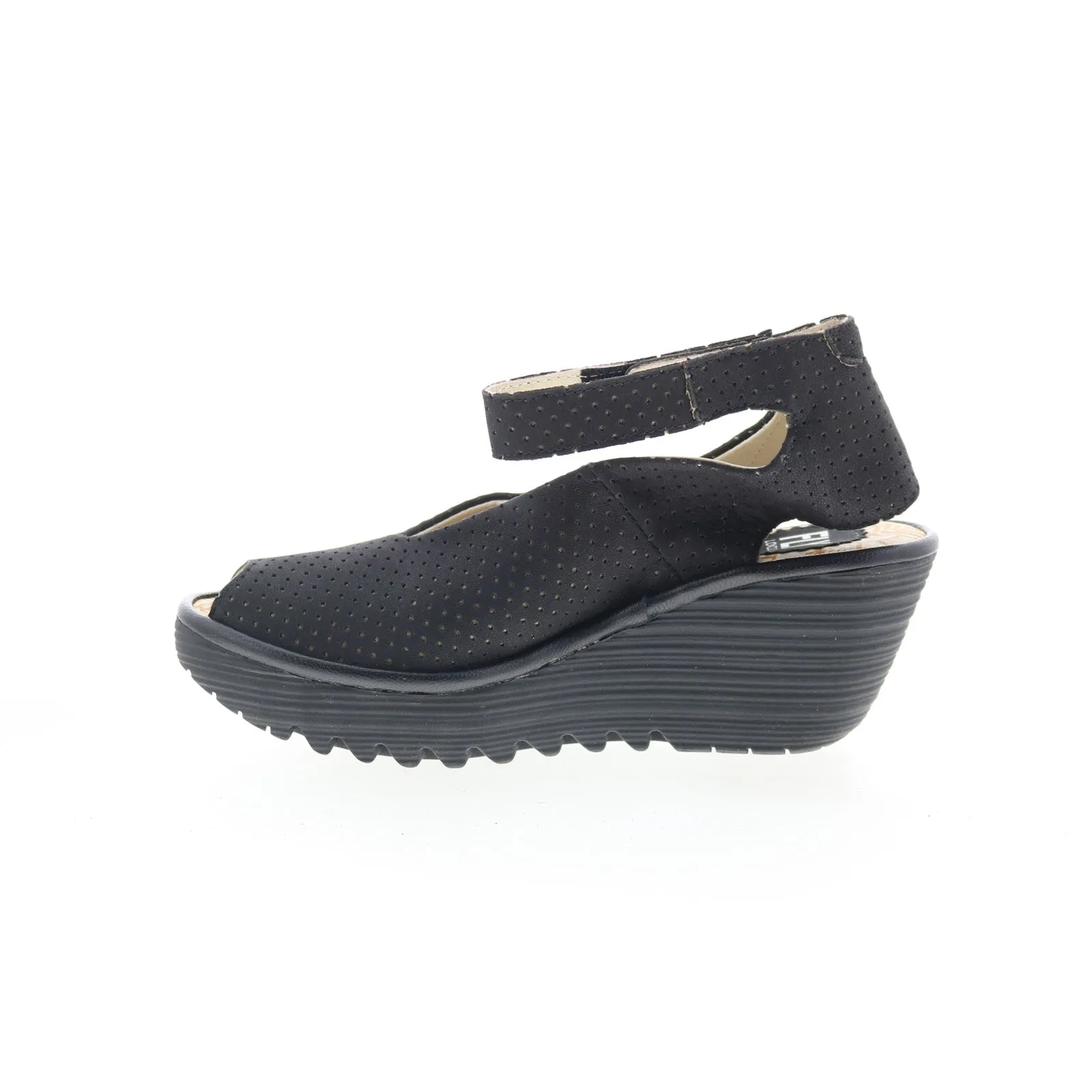 Fly London Yala Perf YALA PERF-028 Womens Black Leather Wedges Sandals Shoes