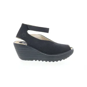 Fly London Yala Perf YALA PERF-028 Womens Black Leather Wedges Sandals Shoes