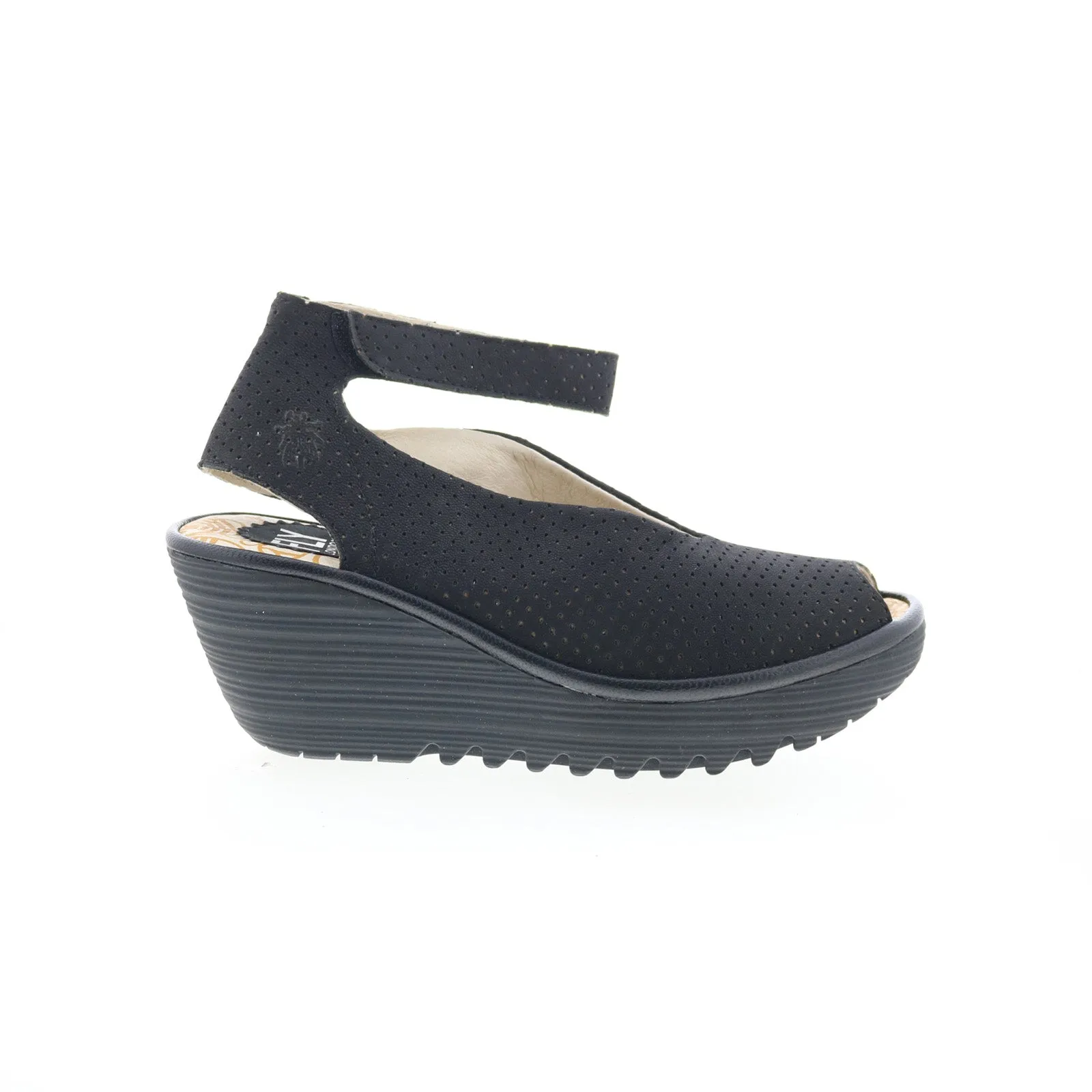 Fly London Yala Perf YALA PERF-028 Womens Black Leather Wedges Sandals Shoes