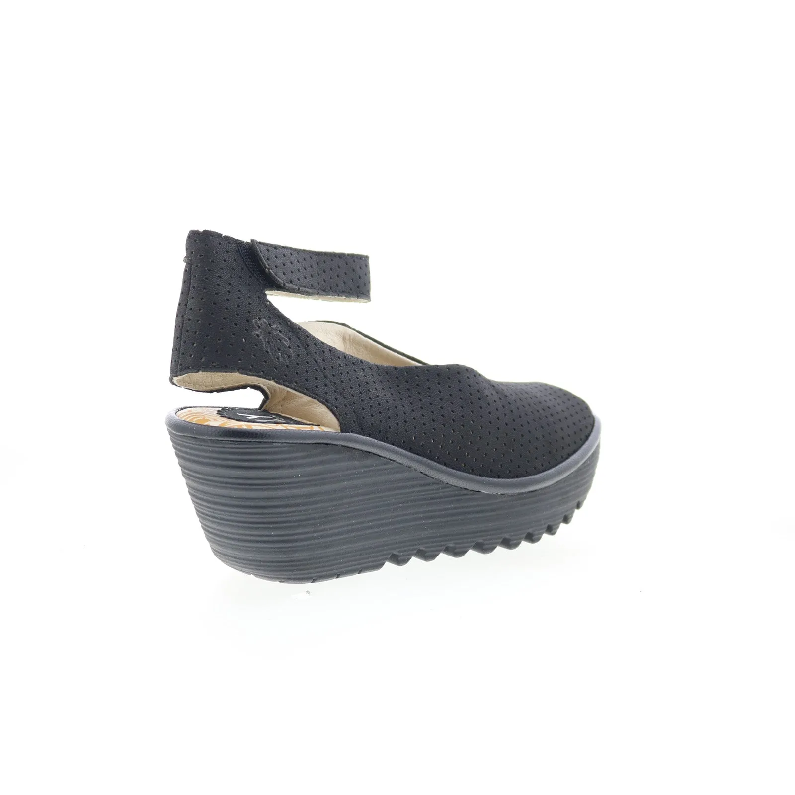 Fly London Yala Perf YALA PERF-028 Womens Black Leather Wedges Sandals Shoes
