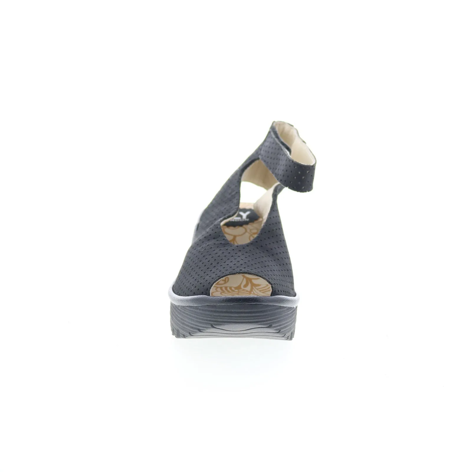Fly London Yala Perf YALA PERF-028 Womens Black Leather Wedges Sandals Shoes
