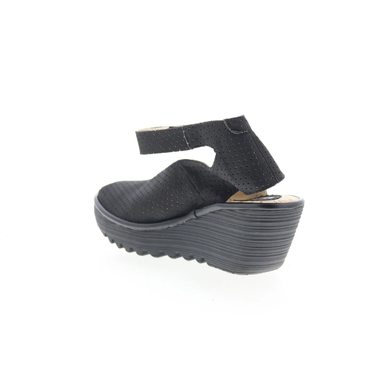 Fly London Yala Perf YALA PERF-028 Womens Black Leather Wedges Sandals Shoes