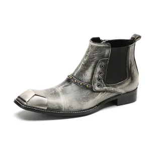 Foreign trade cowhide square-toe Chelsea boots for men British brogue carved short boots trendy high-top shoes commuter soft cowhide boots