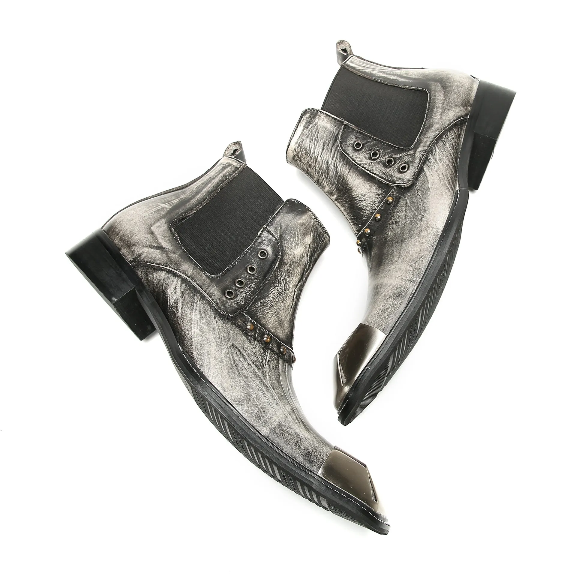 Foreign trade cowhide square-toe Chelsea boots for men British brogue carved short boots trendy high-top shoes commuter soft cowhide boots