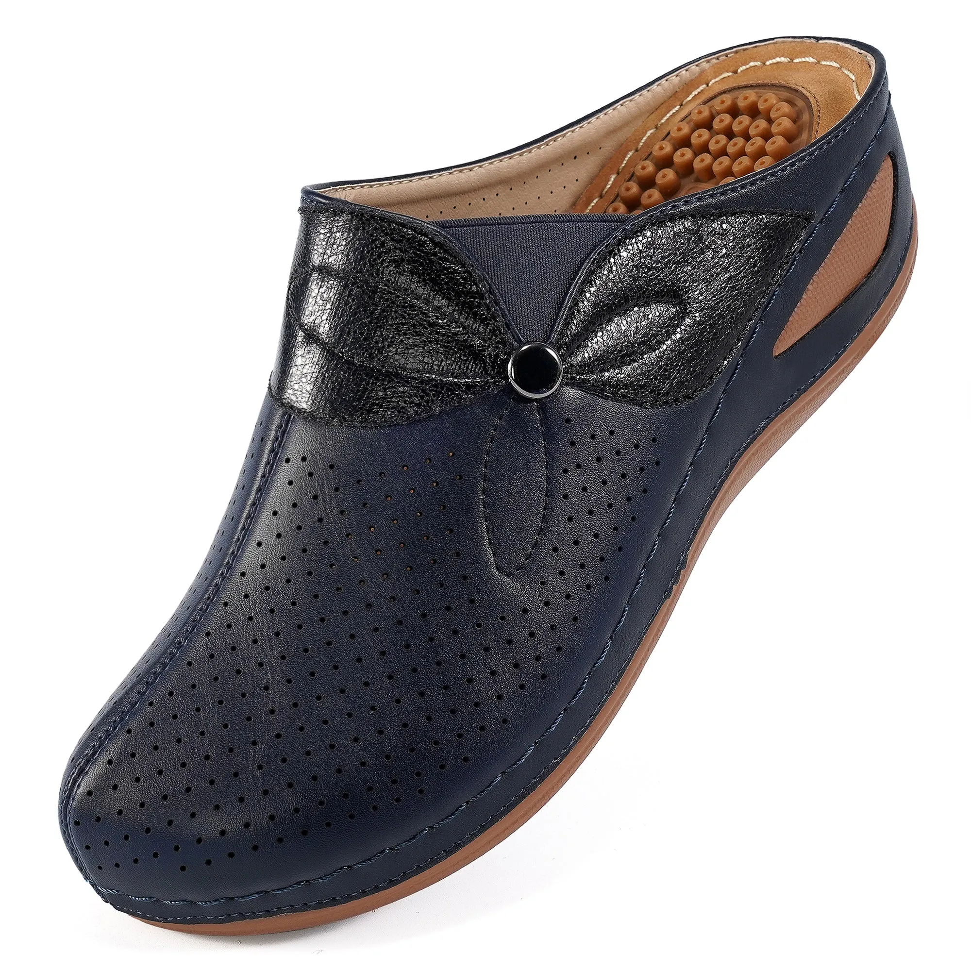 HARENC™Clogs for Women Comfortable Slip on Leather Mule with Arch Support Womens Casual Wedge Sandals Shoes