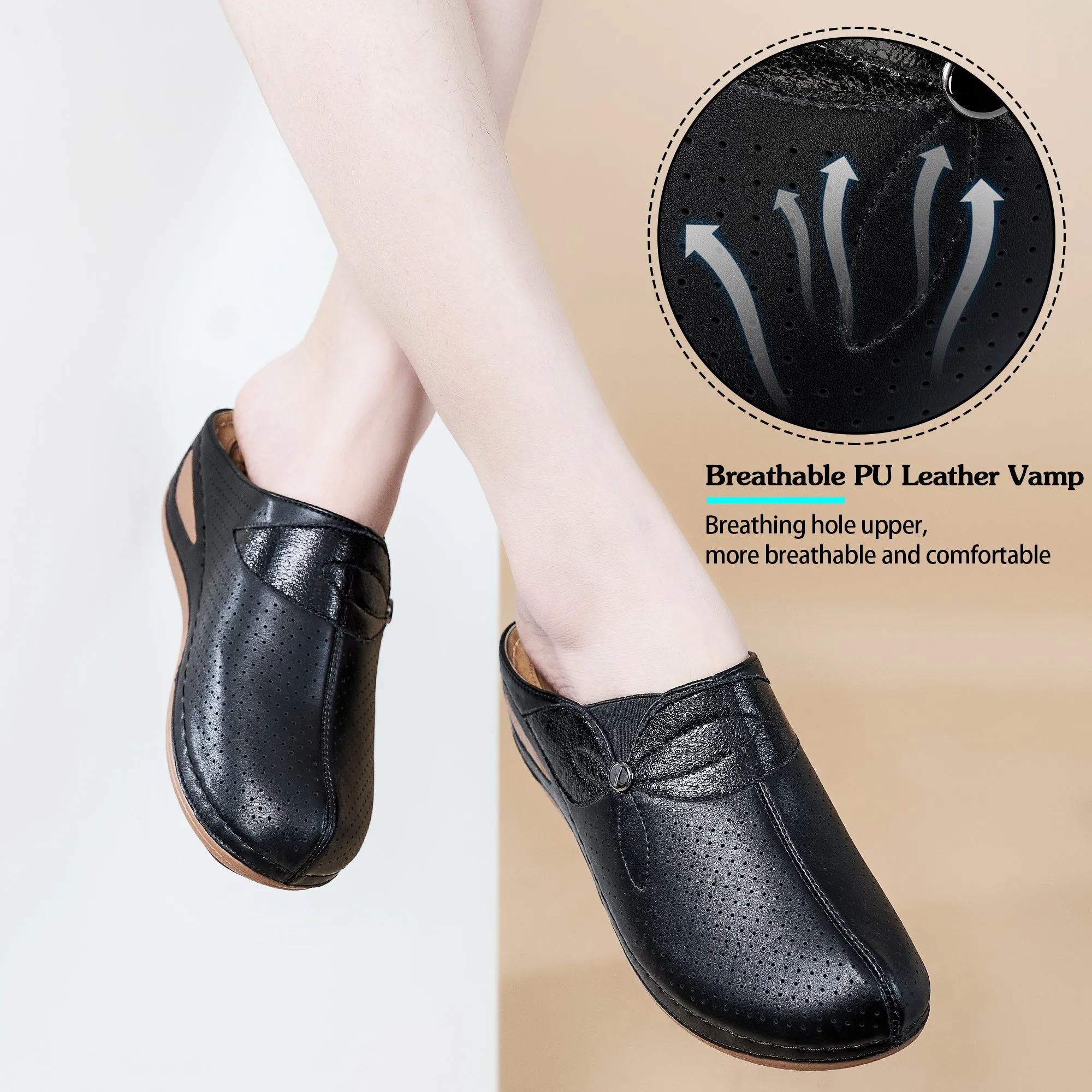 HARENC™Clogs for Women Comfortable Slip on Leather Mule with Arch Support Womens Casual Wedge Sandals Shoes