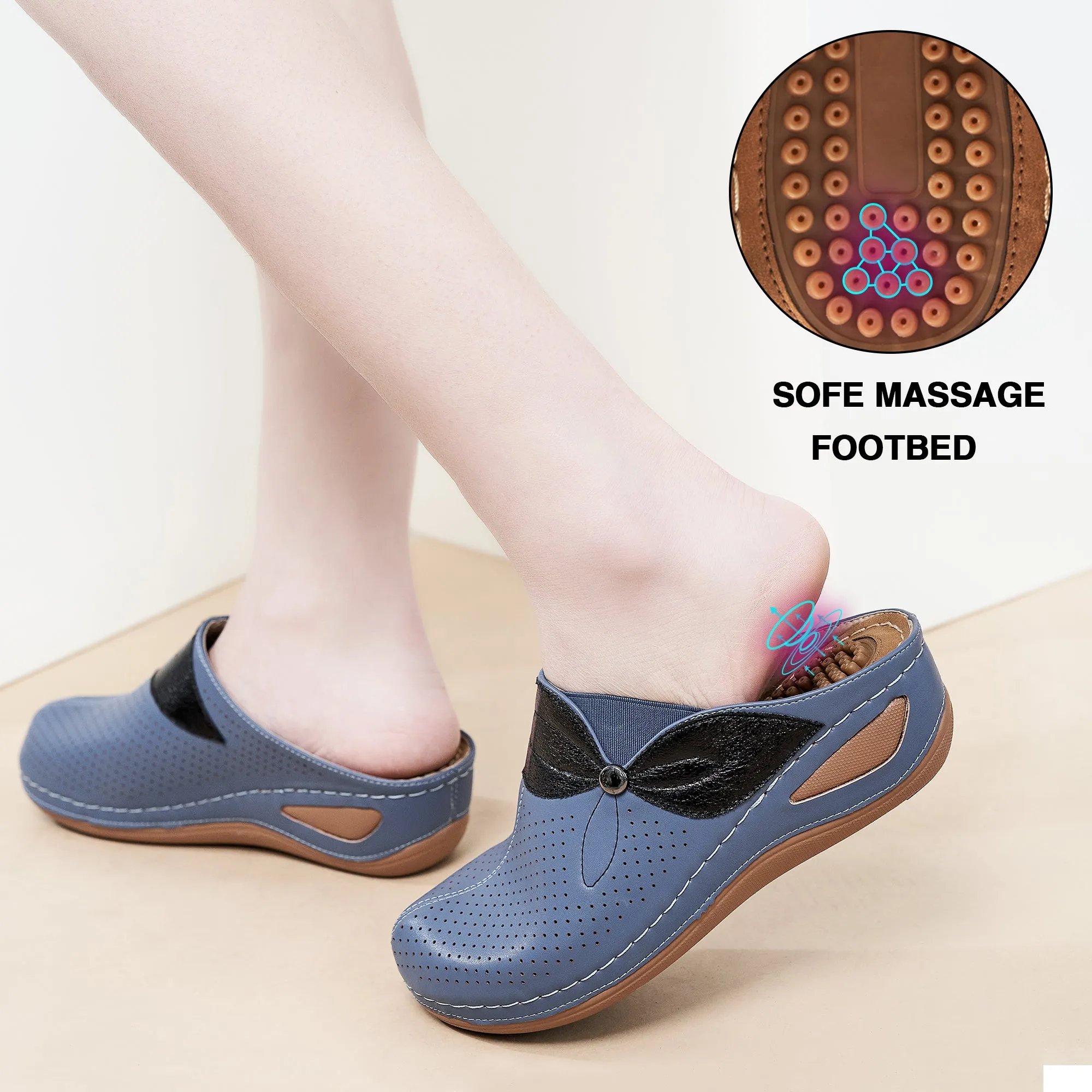 HARENC™Clogs for Women Comfortable Slip on Leather Mule with Arch Support Womens Casual Wedge Sandals Shoes