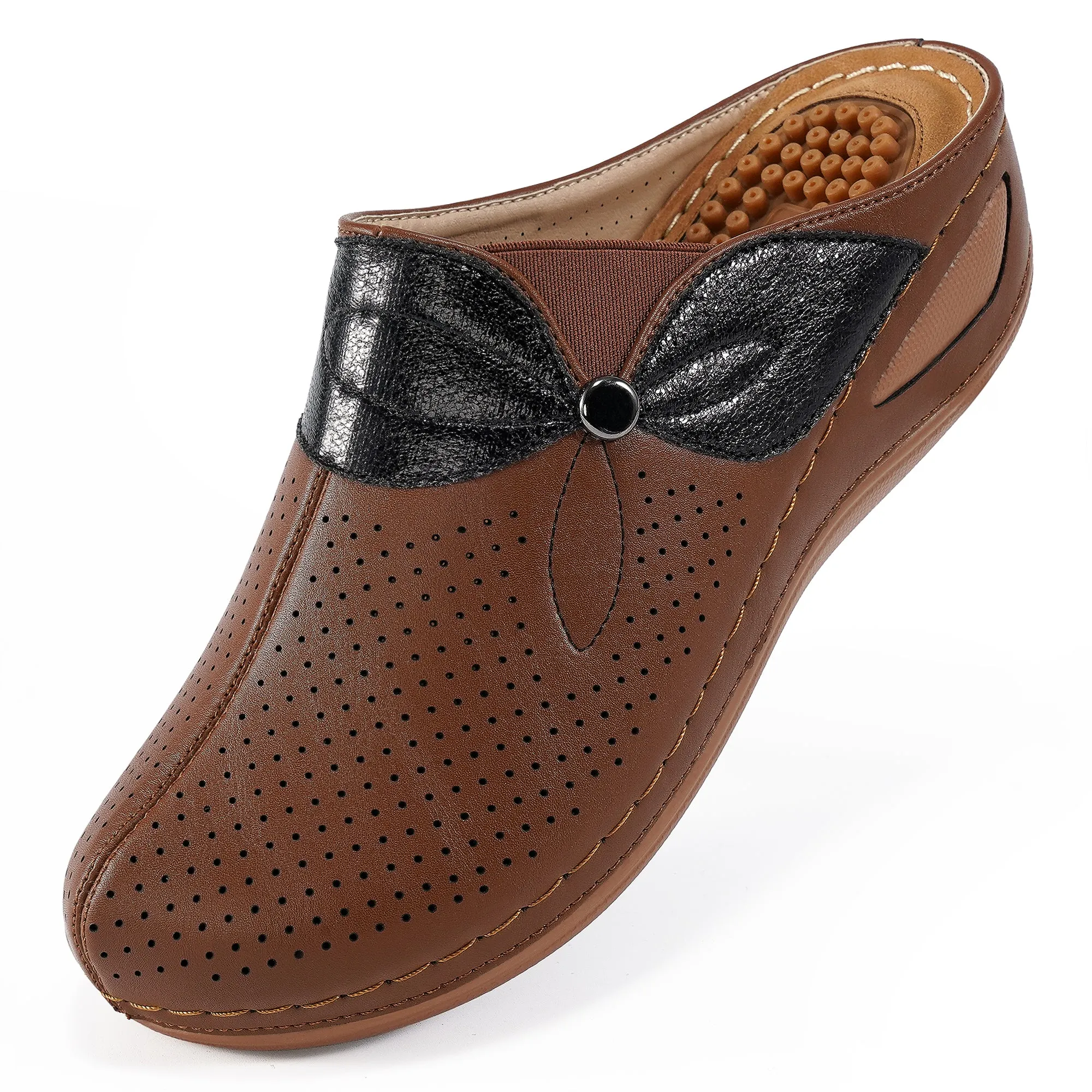 HARENC™Clogs for Women Comfortable Slip on Leather Mule with Arch Support Womens Casual Wedge Sandals Shoes