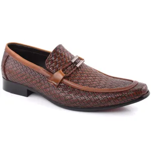 Men “MACKLIN” Moc Toe Buckle Embossed Woven Textured Loafer Shoes