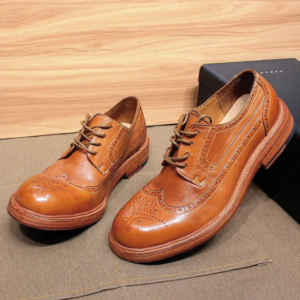 Mens Derby Dress Shoes Soft Calfskin Genuine Leather Wingtip