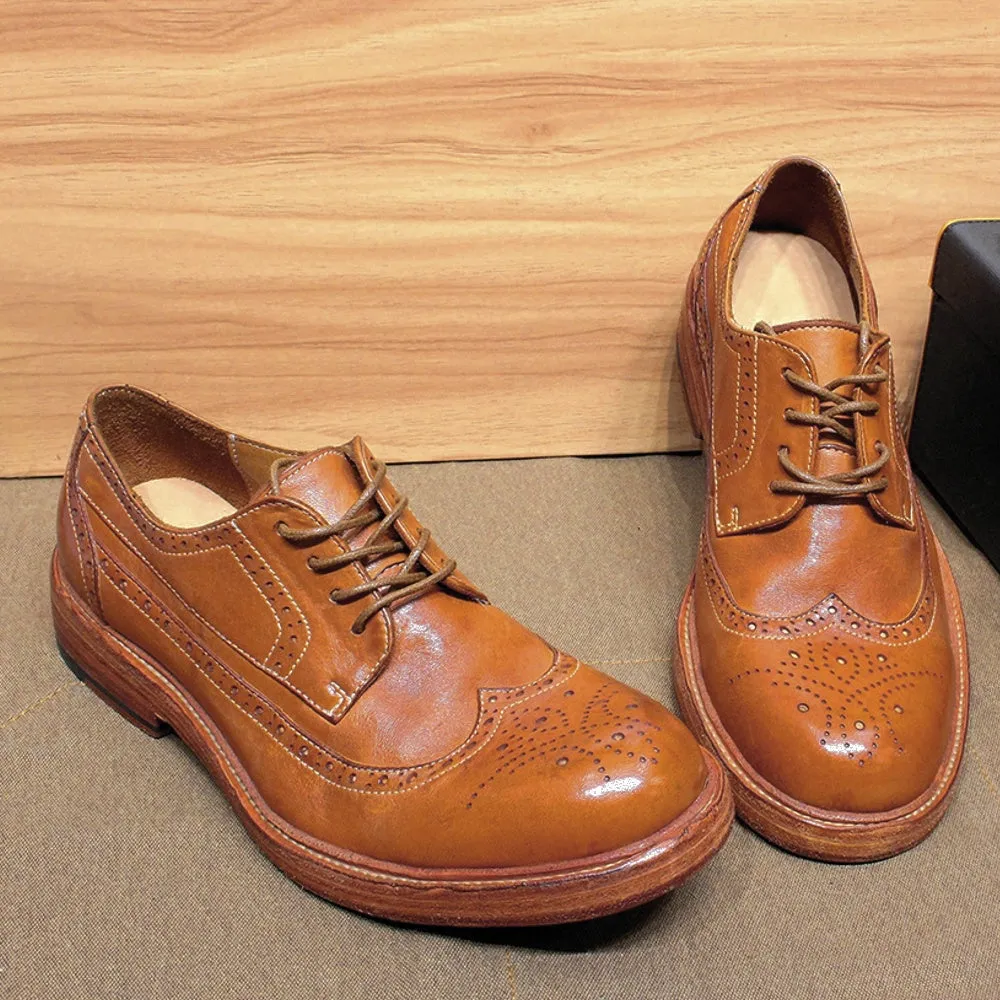 Mens Derby Dress Shoes Soft Calfskin Genuine Leather Wingtip