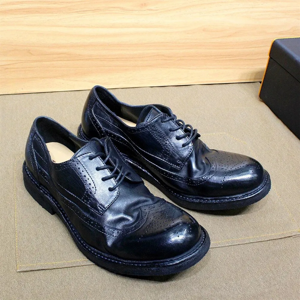 Mens Derby Dress Shoes Soft Calfskin Genuine Leather Wingtip