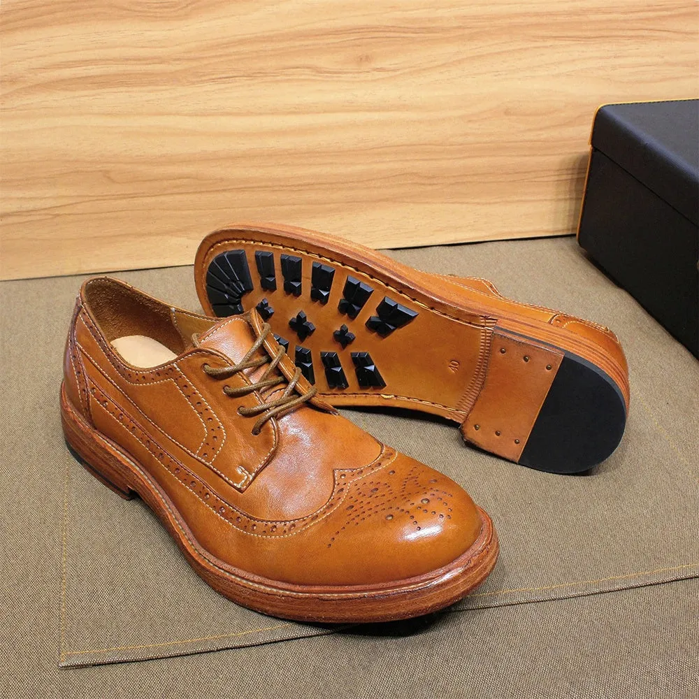 Mens Derby Dress Shoes Soft Calfskin Genuine Leather Wingtip