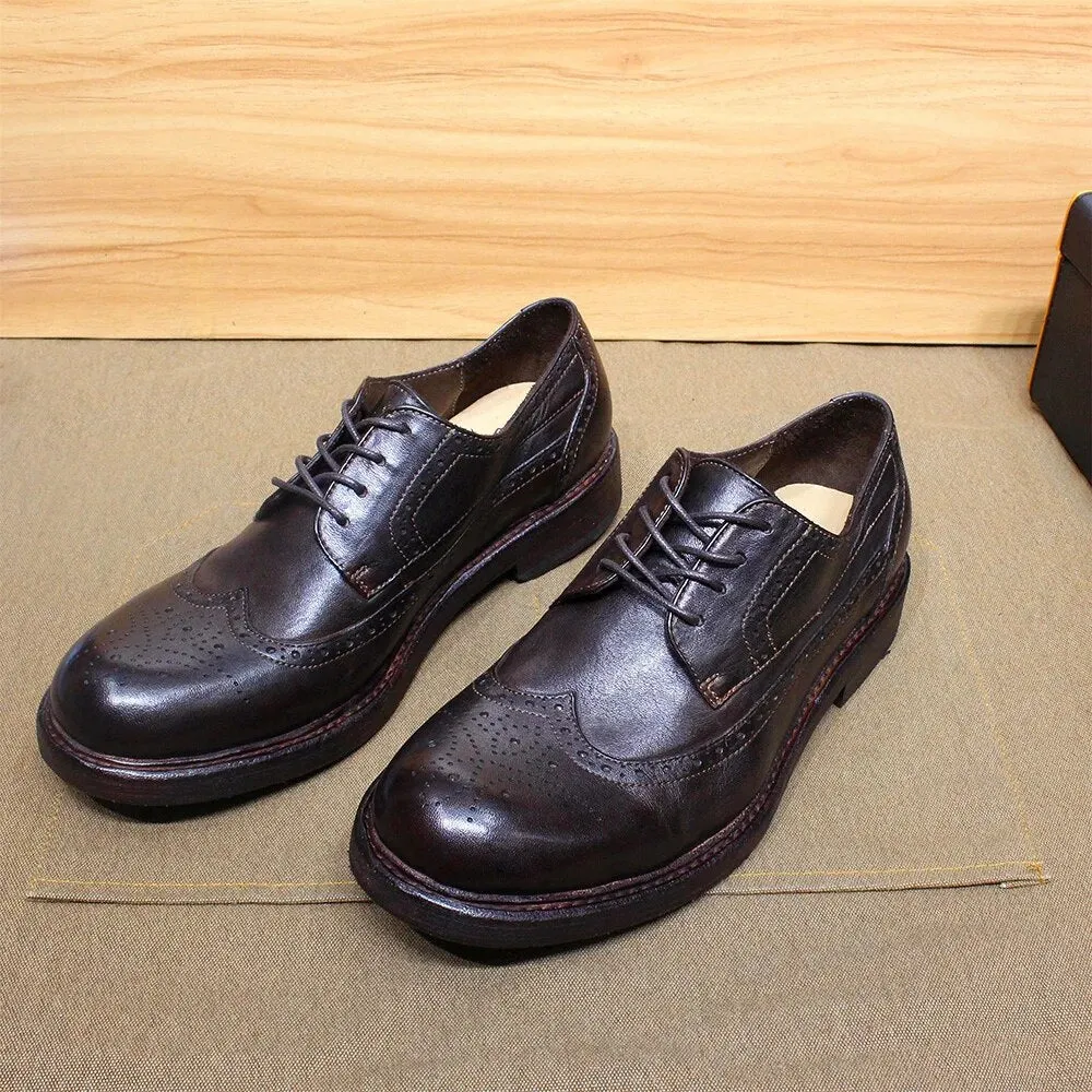 Mens Derby Dress Shoes Soft Calfskin Genuine Leather Wingtip
