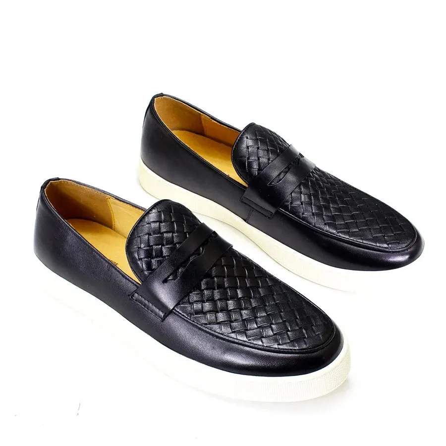 Men's  genuine leather casual shoes Comfortable handmade shoes Woven pattern flat shoes Party office men shoes  loafers