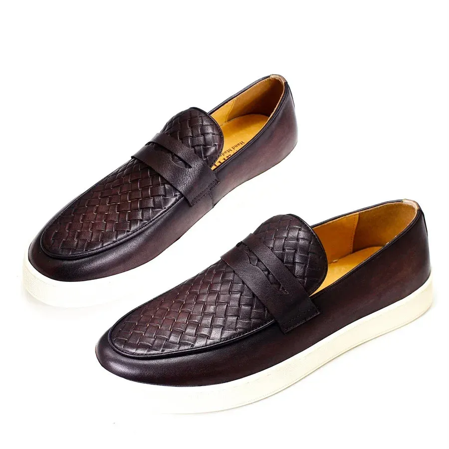Men's  genuine leather casual shoes Comfortable handmade shoes Woven pattern flat shoes Party office men shoes  loafers