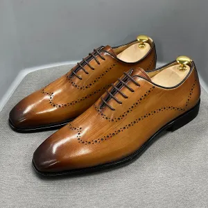 Mens Oxford Shoes Wingtip Genuine Calf Leather