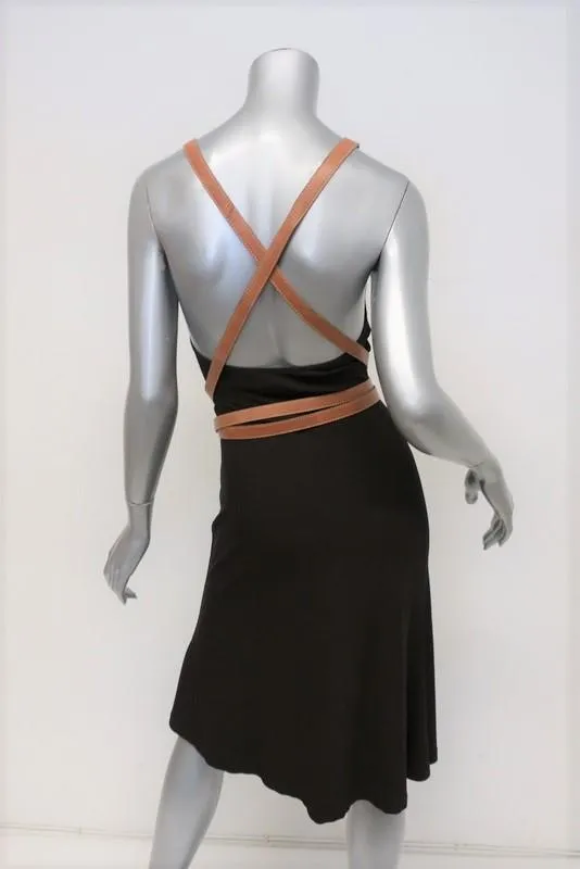 Michael Kors Halter Dress Mahogany Stretch Jersey Size 6 Wraparound Leather Belt