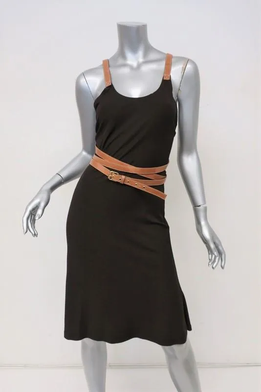 Michael Kors Halter Dress Mahogany Stretch Jersey Size 6 Wraparound Leather Belt
