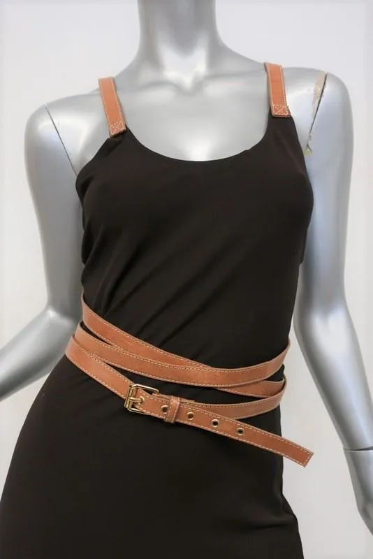 Michael Kors Halter Dress Mahogany Stretch Jersey Size 6 Wraparound Leather Belt