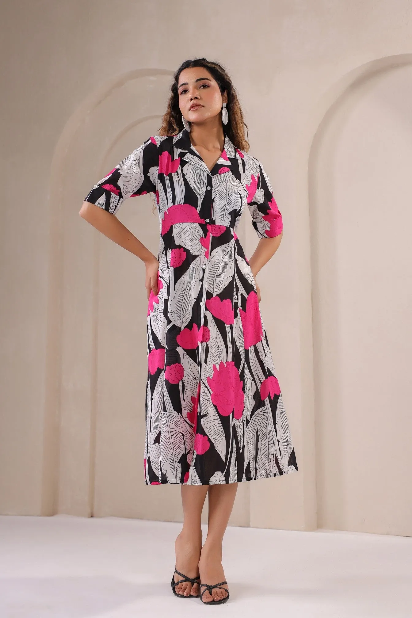 Midnight Bloom – Chic Floral Print Button-Down Midi Dress