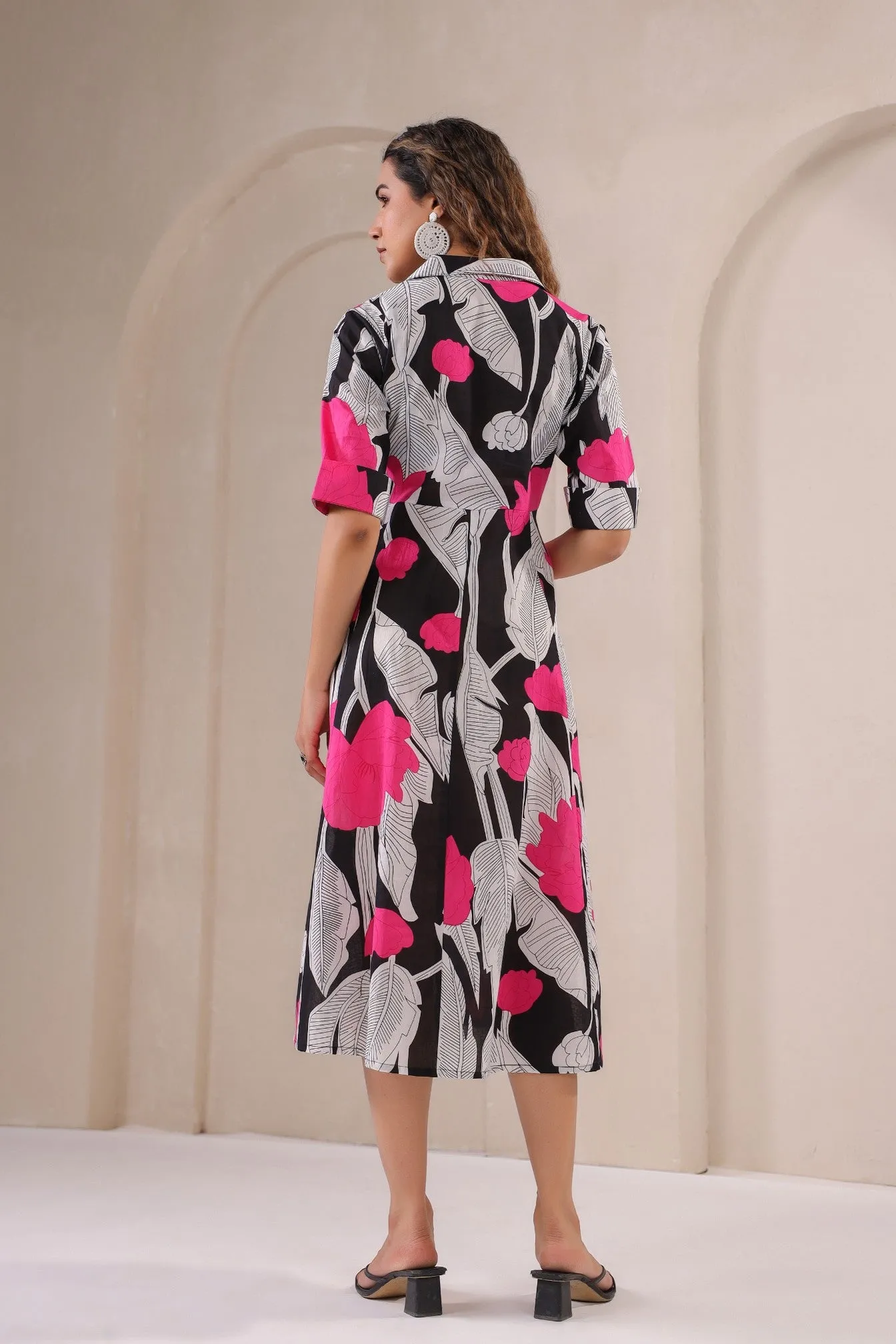 Midnight Bloom – Chic Floral Print Button-Down Midi Dress