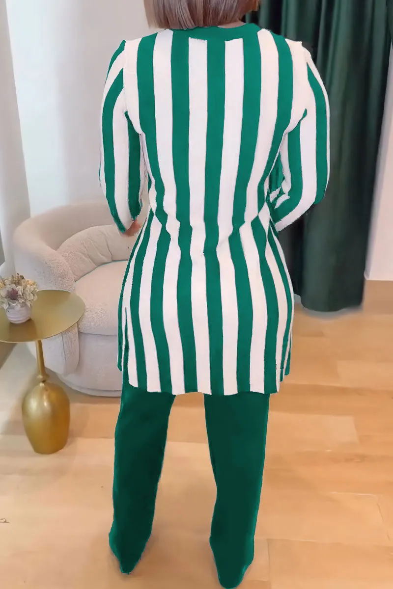 Modern Striped Long-Sleeve Tunic Top and Flared Pants Two-Piece Set