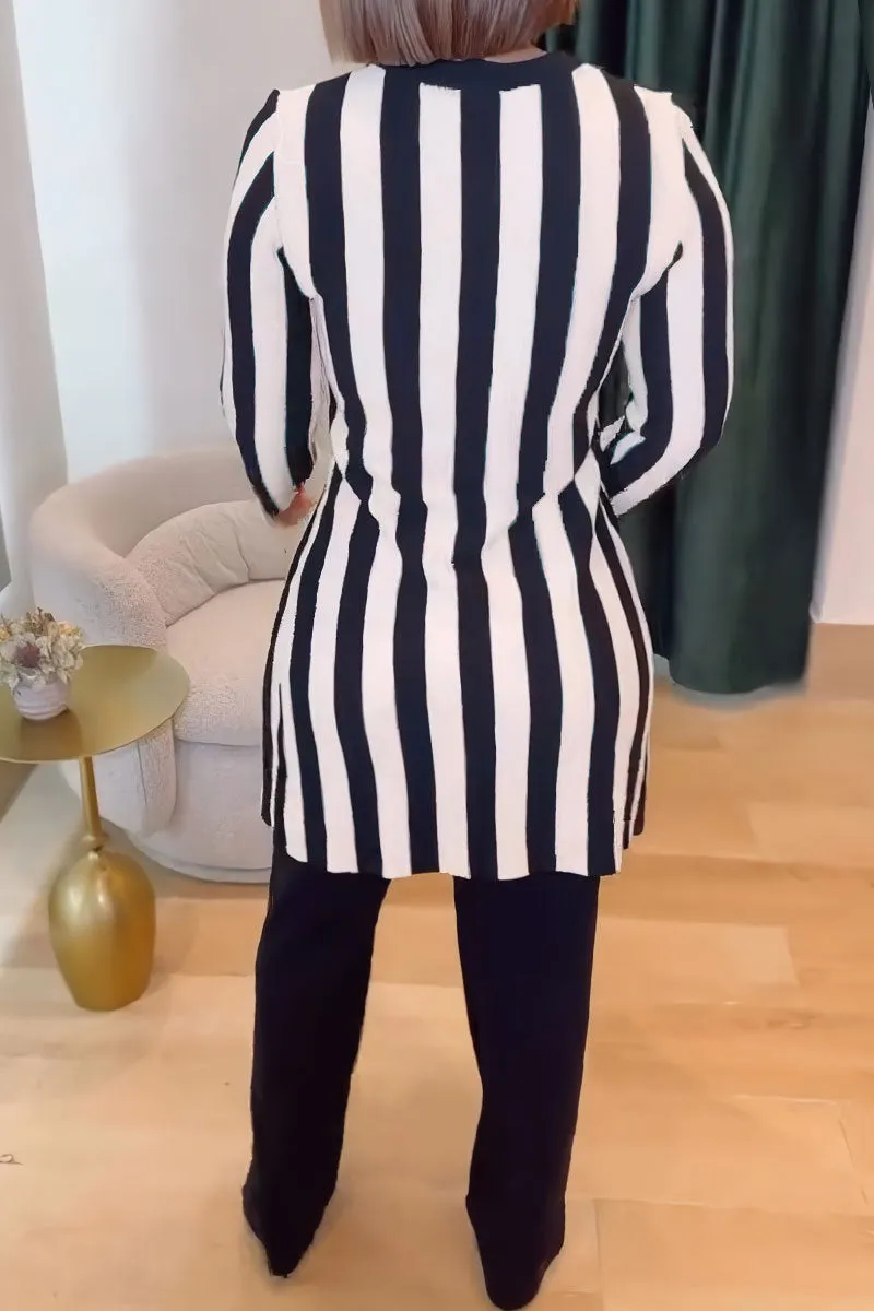 Modern Striped Long-Sleeve Tunic Top and Flared Pants Two-Piece Set
