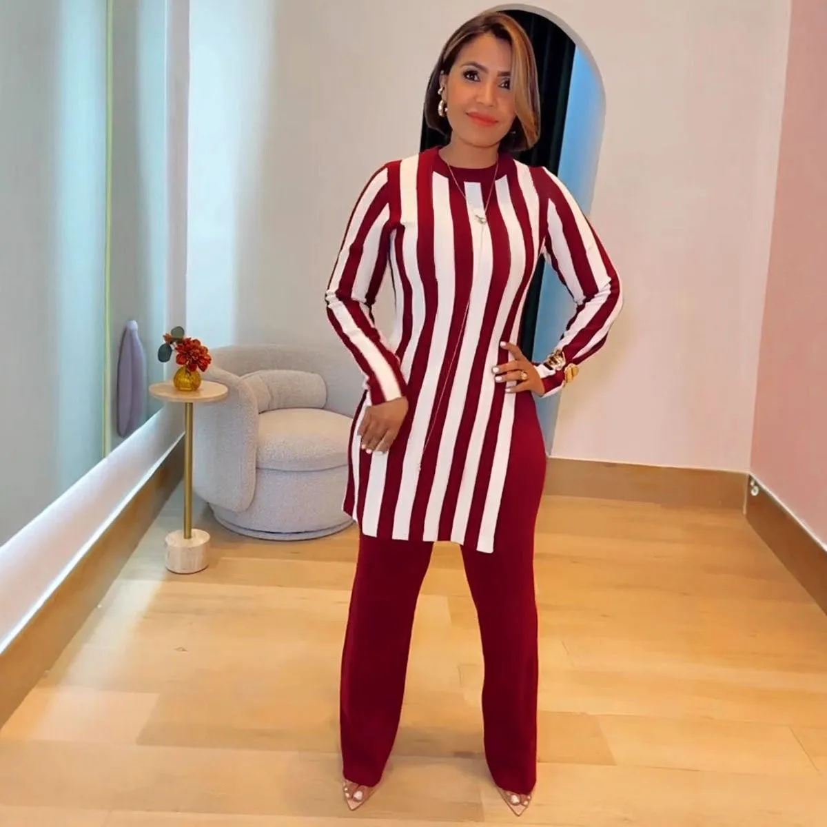 Modern Striped Long-Sleeve Tunic Top and Flared Pants Two-Piece Set