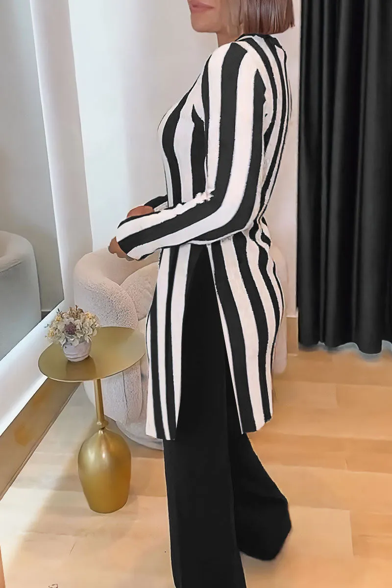 Modern Striped Long-Sleeve Tunic Top and Flared Pants Two-Piece Set