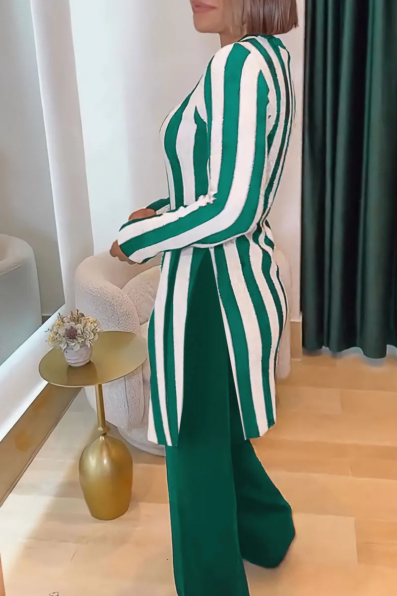 Modern Striped Long-Sleeve Tunic Top and Flared Pants Two-Piece Set