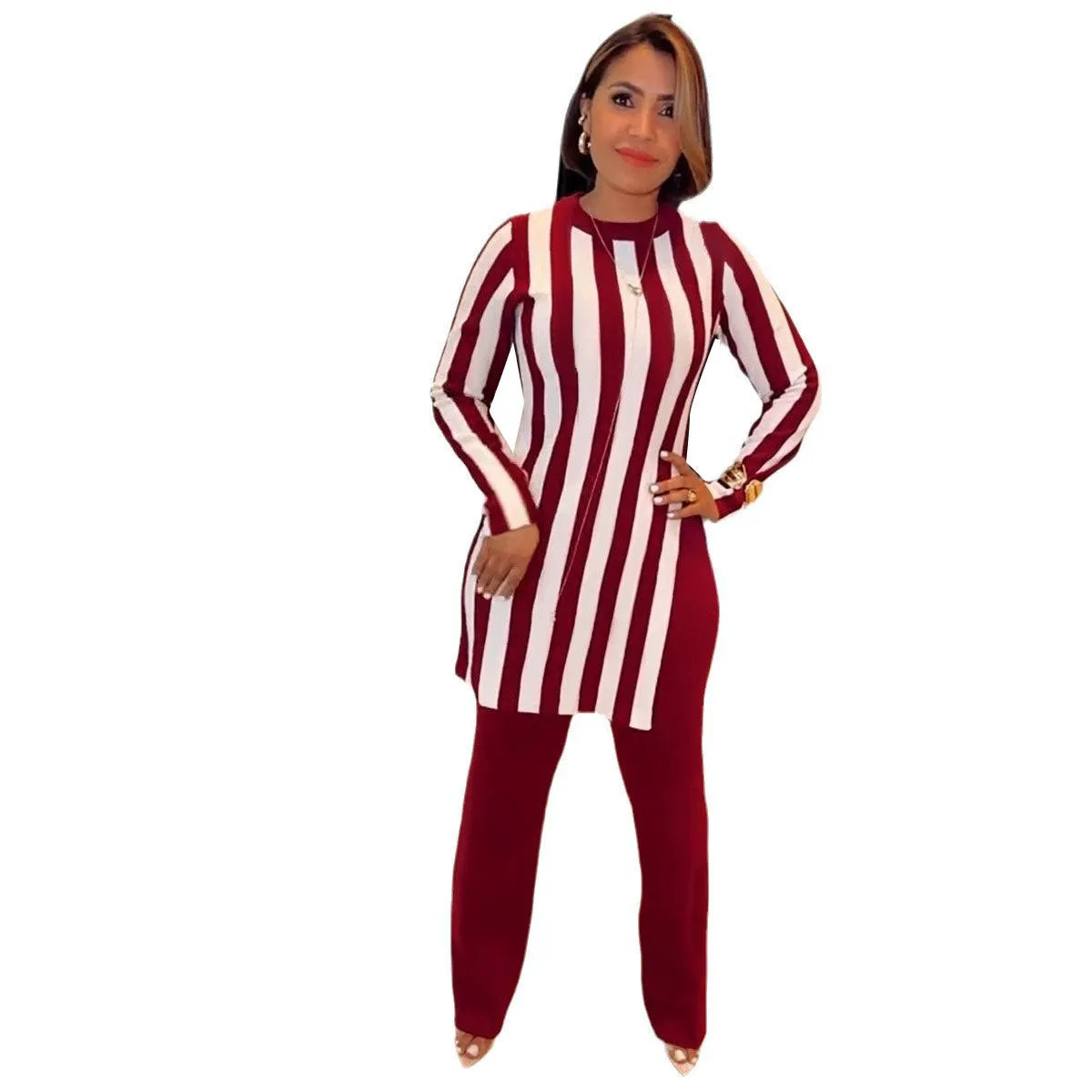 Modern Striped Long-Sleeve Tunic Top and Flared Pants Two-Piece Set
