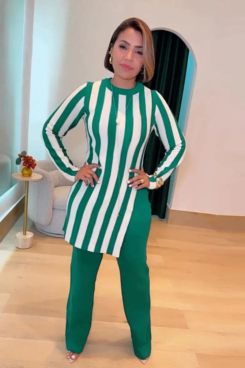 Modern Striped Long-Sleeve Tunic Top and Flared Pants Two-Piece Set