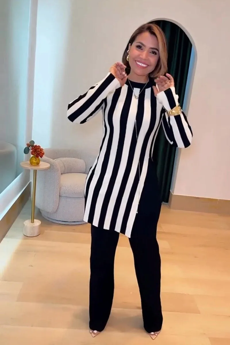 Modern Striped Long-Sleeve Tunic Top and Flared Pants Two-Piece Set