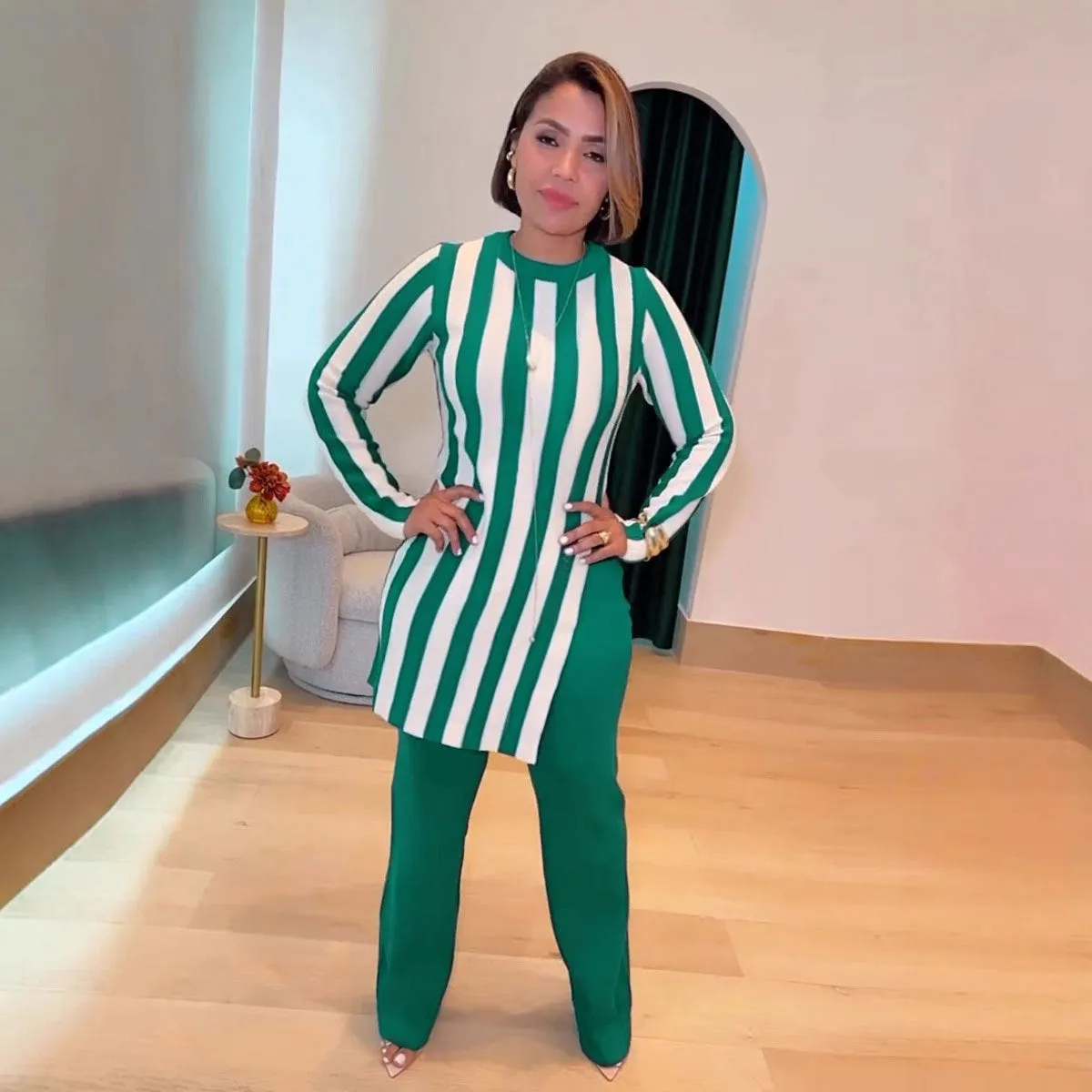 Modern Striped Long-Sleeve Tunic Top and Flared Pants Two-Piece Set