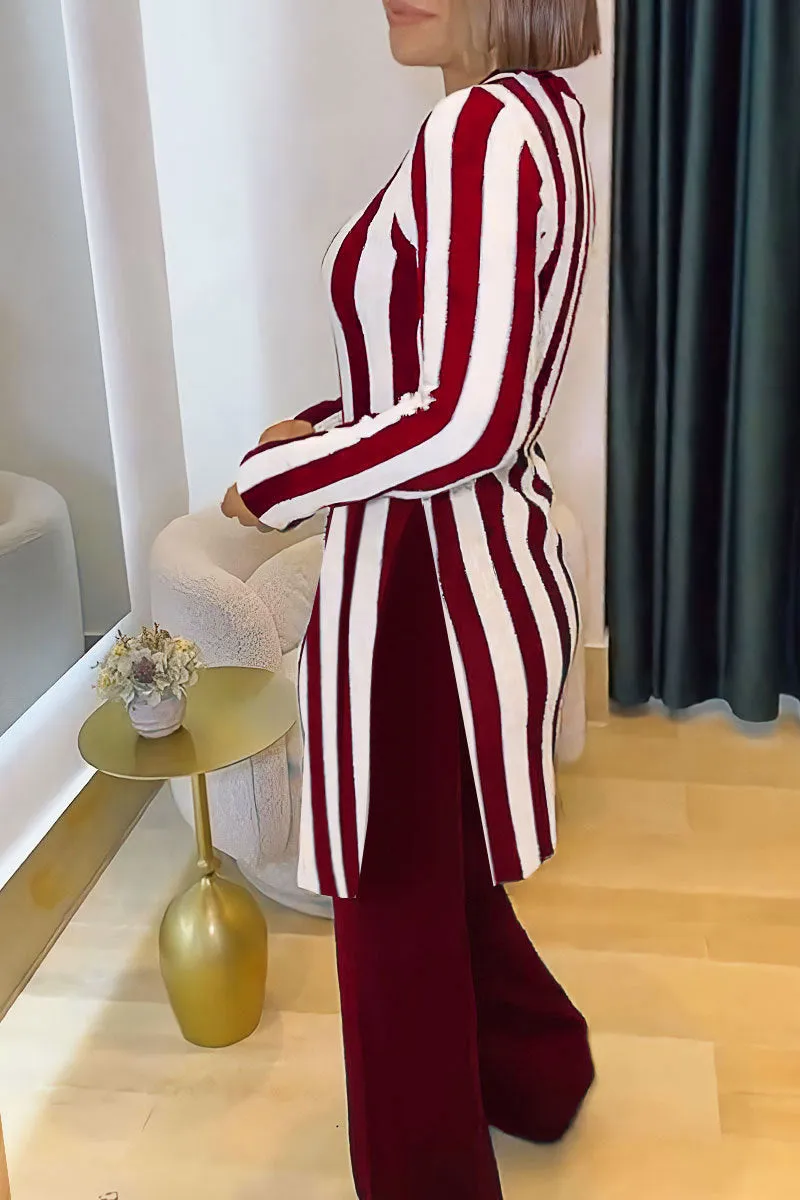 Modern Striped Long-Sleeve Tunic Top and Flared Pants Two-Piece Set