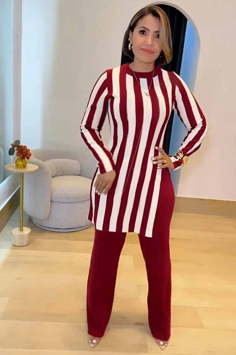 Modern Striped Long-Sleeve Tunic Top and Flared Pants Two-Piece Set