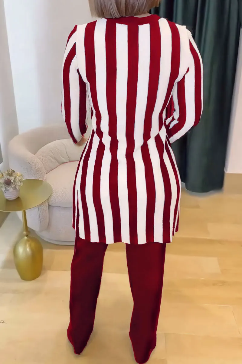 Modern Striped Long-Sleeve Tunic Top and Flared Pants Two-Piece Set
