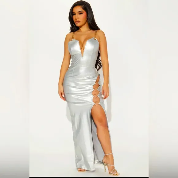 New Silver Faux Leather Maxi Dress Sz XS