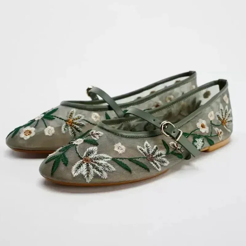 New Women's Mesh Breathable Ballet Flats – Luxury Designer Embroidered Flower Mary Jane Shoes | Light & Comfortable Low-Heel Summer Flats